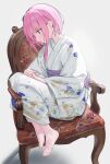  1girl absurdres akumo barefoot blue_eyes chair closed_mouth commentary feet floral_print hair_behind_ear highres japanese_clothes kaf_(kamitsubaki_studio) kamitsubaki_studio kimono light_blush light_smile long_hair pink_hair shadow sitting solo toenails toes untranslatable_commentary virtual_youtuber white_background white_kimono 