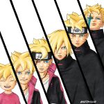  absurdres age_progression aged_down artbyolvr black_cloak black_headband black_jacket blonde_hair blood blood_on_face blue_eyes boruto:_naruto_next_generations boruto:_two_blue_vortex boruto_(series) child cloak collared_cloak facial_mark forehead_protector frown headband highres jacket jewelry karma_(naruto) konohagakure_symbol naruto_(series) necklace one_eye_closed pink_shirt scar scar_across_eye scar_on_face shirt smile twitter_username two-sided_fabric uzumaki_boruto whisker_markings white_shirt 