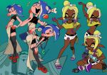  bent_over big_man_(splatoon) big_man_(splatoon_raiders) bike_shorts black_thighhighs blonde_hair blue_hair bradbradleyart colored_eyelashes colored_fingertips crop_top dark-skinned_female dark_skin earrings fangs fish_hook_earrings frye_(splatoon) frye_(splatoon_raiders) gradient_hair hair_over_one_eye hands_on_own_hips highres inkling jewelry knee_pads laughing long_pointy_ears midriff multicolored_hair multiple_views navel octoling official_alternate_costume open_mouth pointy_ears red_eyes sandals shiver_(splatoon) shiver_(splatoon_raiders) short_eyebrows shorts single_earring single_knee_pad sitting smile splatoon_(series) splatoon_raiders stretching tentacle_hair thighhighs toeless_socks topknot yellow_eyes 