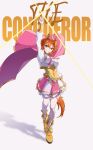  1girl absurdres animal_ears arm_up armor boots breasts cape commentary crown english_commentary fingerless_gloves gloves gold_boots gold_corset grin hair_between_eyes highres horse_ears horse_girl horse_tail index_finger_raised jewelry long_sleeves looking_at_viewer medium_breasts mini_crown open_mouth orange_hair orange_tail pink_cape pink_crown purple_eyes shirt short_hair shoulder_armor single_fingerless_glove skirt smile solo t.m._opera_o_(o_sole_suo!)_(umamusume) t.m._opera_o_(umamusume) tail thighhighs two-tone_skirt umamusume white_shirt white_thighhighs wohenxiangyaoku 