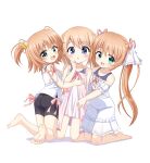  3girls absurdres arizuki_shiina ass bare_shoulders barefoot bell bike_shorts black_shorts blue_eyes blue_one-piece_swimsuit blush brown_hair camisole commentary_request commission commissioner_upload crossover derivative_work dress feet girl_sandwich green_eyes hair_bell hair_ornament hairclip hand_on_another's_chest hand_on_another's_shoulder hand_on_another's_thigh highres hug kneeling kneepits kud_wafter little_busters! long_hair looking_at_viewer mogura2009 multiple_girls name_tag nanami_to_konomi_no_oshiete_abc nishimura_konomi nishimura_nanami official_art_redraw old_school_swimsuit one-piece_swimsuit open_mouth pink_dress pink_ribbon quad_tails ribbon sandwiched school_swimsuit short_dress short_hair shorts siblings sisters skeb_commission smile soles sundress swimsuit swimsuit_under_clothes thighs toes twins twintails two_side_up white_camisole white_dress 