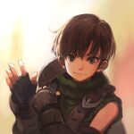  1boy adjusting_clothes belt black_gloves brown_belt brown_eyes brown_hair closed_mouth collared_shirt commentary_request fingerless_gloves gloves green_shirt hand_up highres jun_(navigavi) light_smile lips looking_at_viewer male_focus nose open_hand original ribbed_shirt shield shield_on_back shirt short_hair sidelighting solo upper_body vambraces very_short_hair 