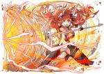  1girl absurdres amou_kanade anzo_(anzu_elichi0928) armpit_crease aura big_hair black_gloves black_thighhighs bodysuit bracer breasts clothing_cutout commentary debris double-parted_bangs electricity fiery_aura floating_hair gloves grey_panties hair_between_eyes headgear headphones highres holding holding_polearm holding_weapon lance large_breasts leotard long_hair long_sleeves midriff mystical_high_collar open_mouth orange_eyes orange_hair panties polearm senki_zesshou_symphogear simple_background skin_tight sleeved_leotard solo stomach_cutout symphogear_pendant thighhighs underwear untranslatable_commentary upper_body v-shaped_eyebrows weapon white_background yellow_aura 