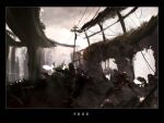  6+boys armor assault_rifle black_border bleeding blood blurry blurry_background border cable cityscape cloud cloudy_sky combat_helmet concept_art debris dust_cloud dying elevated_highway english_text faux_traditional_media firing gun helmet highway military multiple_boys muzzle_flash nuclear_dawn power_armor rifle ruins science_fiction signature sky soldier ukitakumuki utility_pole war weapon white_sky 