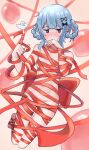  1girl absurdres balloon barefoot bird bird_on_hand birthday blue_hair blush bound braid braided_hair_rings breasts collarbone commentary completely_nude embarrassed groin hair_rings highres keinnanoda mahou_shoujo_no_majo_saiban navel nude ribbon ribbon_bondage short_hair shoulder_blush small_breasts solo stomach tachibana_sherry 