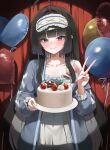  1girl absurdres ahoge balloon black_hair blue_cardigan blue_eyes blush cake cardigan closed_mouth commentary cowboy_shot curtains dress fang food frilled_dress frills fruit gigabani hair_intakes hair_over_shoulder hand_up heart_balloon highres hime_cut holding holding_plate korean_commentary long_hair looking_at_viewer mang_nae_(vtuber) mask mask_on_head open_cardigan open_clothes plate project_i single_bare_shoulder single_off_shoulder skin_fang sleep_mask sleeveless sleeveless_dress smile solo spotlight standing straight_hair strawberry v very_long_hair virtual_youtuber white_dress 