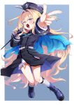  1girl absurdres beret black_hat black_jacket blonde_hair blue_boots blue_eyes blush boots border buttons collared_jacket commentary_request double-breasted finger_gun full_body hair_intakes hat heterochromia highres holding holding_microphone jacket long_hair long_sleeves looking_at_viewer mementovanitas microphone miniskirt open_mouth outstretched_arm pleated_skirt purple_eyes riot_music skirt smile socks solo two_side_up utsusumi_kio very_long_hair virtual_youtuber white_border white_skirt white_socks 
