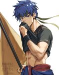  1boy abs absurdres artist_name black_shirt blue_eyes blue_hair clothes_around_waist clothes_lift commentary_request fire_emblem fire_emblem:_path_of_radiance fire_emblem_heroes flag green_headband hashiko_(neleven) headband highres holding holding_flag ike_(fire_emblem) ike_(full-tilt_merc)_(fire_emblem) jacket jacket_around_waist lifting_own_clothes looking_at_viewer male_focus official_alternate_costume shirt shirt_lift short_hair simple_background solo sweat upper_body watermark white_background wiping_face wristband 