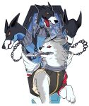  absurdres armband black_jacket cerberus_(persona) chain claws coffin collar commentary cropped_legs demon_(megami_tensei) dog ears_back english_commentary facing_to_the_side fake_wings grey_dog highres jacket knife knife_in_mouth koromaru_(persona) looking_to_the_side multicolored_fur no_humans open_mouth orange_eyes paw_up persona persona_(summon) persona_3 persona_3_reload red_armband red_eyes sharp_teeth simple_background sleeveless sleeveless_jacket teeth totomics weapon_in_mouth white_background white_dog white_wings wings 