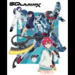  1boy 2girls amate_yuzuriha bag beanie blue_hair character_name commentary copyright_name derivative_work english_commentary ensign_(i_can_friday_by_day!) gloves glowing glowing_eyes glowing_hot gquuuuuux green_eyes gundam gundam_gquuuuuux haro hat heat_hawk highres i_can_friday_by_day! js_71535 lens_flare logo mecha miniskirt mobile_suit multiple_girls non-humanoid_robot nyaan_(gundam_gquuuuuux) red_eyes red_hair robot school_bag school_uniform science_fiction shoulder_bag shuji_ito skirt title v-fin yellow_eyes zeon 