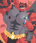  1boy abs bara broad_shoulders cellphone colored_sclera commentary flexing furry furry_male highres holding holding_phone huge_pectorals incineroar male_focus muscular muscular_arms muscular_male navel nipples pectorals phone pokemon rudolf_bye signature smartphone solo sweat teeth yellow_sclera 