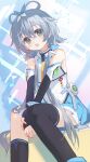  1girl absurdres asymmetrical_legwear bare_shoulders bow-shaped_hair chinese_commentary commentary_request green_eyes grey_hair hair_rings highres kneehighs low_twintails luo_tianyi short_hair_with_long_locks single_kneehigh single_sock socks solo twintails uneven_legwear vocaloid vsinger_(vocaloid) youmeng33 