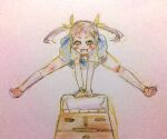  1girl :d bandaid bandaid_on_knee bandaid_on_leg black_hair blue_skirt blush bracelet brown_eyes cherry_print choppy_bangs colored_pencil_(medium) commentary dot_nose food_print fruit_print full_body green_ribbon hachikuji_mayoi hair_ribbon hairband jewelry jumping kneehighs long_hair looking_at_viewer monogatari_(series) open_mouth photo_(medium) print_skirt ribbon shoes short_sleeves skirt smile socks solo spread_legs traditional_media twintails v_legs vaulting_horse white_socks yano_akane 