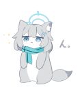  :< absurdres animal_ear_fluff aqua_scarf blue_archive blue_eyes blue_halo claws commentary_request creature cross cross_hair_ornament double-parted_bangs grey_hair hair_between_eyes hair_ornament halo highres inverted_cross lattes2 mismatched_pupils no_humans ponta_itachi scarf shiroko_(blue_archive) short_hair simple_background solo sparkle weasel white_background 