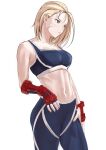  1girl absurdres akumo blonde_hair blue_eyes blue_pants breasts cammy_white chinese_commentary commentary_request crop_top gauntlets highres looking_at_viewer medium_breasts medium_hair muscular muscular_female navel pants scar solo sports_bra standing street_fighter street_fighter_6 white_background 
