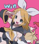  1boy 1girl :d arm_support arm_tattoo arm_up belt black_sailor_collar black_shorts black_sleeves blonde_hair blue_eyes blush_stickers bow can't_choose_your_own_family character_name cowboy_shot crop_top defeat detached_sleeves dot_nose english_text frilled_shirt frills hair_bow hair_ornament hairclip hand_on_own_forehead headphones highres kagamine_len kagamine_rin ketchup_bottle looking_at_viewer neckerchief number_tattoo open_mouth parallel_hairclips parted_bangs pink_background pippinbear sailor_collar shirt short_hair shorts sitting sitting_on_another's_back sitting_on_person sleeveless sleeveless_shirt smile solo solo_focus tattoo vocaloid white_bow white_shirt yellow_belt yellow_neckerchief yellow_trim 