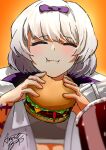  1girl absurdres amusteppp arm_tattoo bow burger closed_eyes closed_mouth commentary_request eating food hair_bow highres hood kira_(project_moon) limbus_company orange_background project_moon purple_bow purple_eyes short_hair simple_background solo tattoo upper_body white_hair 