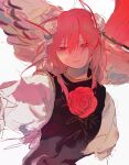  1girl absurdres closed_mouth double_bun flower hair_between_eyes hair_bun highres ibaraki_kasen kn001215 looking_at_viewer medium_hair pink_eyes pink_hair rose shirt smile solo tabard touhou twitter_username upper_body white_shirt 