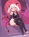  1girl absurdres bat_(animal) black_bridal_gauntlets black_leotard black_thighhighs blush breasts bridal_gauntlets chinese_commentary commentary_request crossed_legs demon_girl demon_wings fangs full_moon highres leotard looking_at_viewer low_wings medium_hair mesugaki moon no_shoes original red_eyes red_moon red_sky sitting sky small_breasts smug solo stirrup_legwear suzhitu tail thighhighs thighs toeless_legwear twintails white_hair wings 