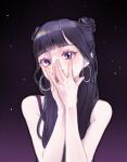  1girl bad_id bad_twitter_id black_hair blunt_bangs blush commentary_request covering_own_mouth double_bun earrings gfriend gradient_background hair_bun hoop_earrings jewelry korean_commentary long_hair looking_at_viewer purple_eyes rin_yes2 sidelocks solo yerin_(gfriend) 