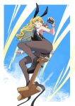  1girl animal_ear_hairband animal_ears black_leotard black_shoes blonde_hair blue_sky bow braid brown_pantyhose bunny_day cloud commentary detached_collar english_commentary fake_animal_ears fake_tail flcl flying frilled_bow frills from_below guitar hair_bow hairband high_heels highleg highleg_leotard highres hyoutan_tan instrument kirisame_marisa leotard long_hair looking_at_viewer looking_down mini-hakkero pantyhose playboy_bunny rabbit_ear_hairband rabbit_ears rabbit_tail scene_reference shoes side_braid single_braid sky smile solo strapless strapless_leotard tail touhou wrist_cuffs yellow_eyes 