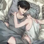  2boys alien_stage black_eyes black_hair commentary_request cuddling grey_hair grey_shirt grey_shorts highres ivan_(alien_stage) k_unow korean_commentary male_focus multiple_boys on_bed pillow red_pupils shirt short_hair shorts signature tank_top till_(alien_stage) twitter_username very_short_hair white_tank_top yaoi 