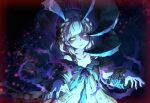  1girl blonde_hair blood blood_in_hair blood_on_clothes blood_on_hand blunt_bangs braid briar_rose_(sinoalice) bruise bruise_on_face cetus_kkk commentary_request dress glowing glowing_eyes hair_ribbon injury looking_at_viewer open_mouth outstretched_arms plant purple_ribbon ribbon scratched short_hair sinoalice solo thorns torn_clothes vines zombie zombie_pose 