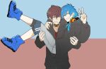  2boys black_jacket blue_background blue_shoes brown_background brown_hair carrying closed_mouth collarbone commentary_request dramatical_murder full_body green_eyes headphones headphones_around_neck highres hood hood_down hooded_jacket jacket jacket_partially_removed jewelry kuwa_ayase looking_at_another looking_at_viewer male_focus matching_outfits mizuki_(dramatical_murder) multiple_boys neck_tattoo necklace pants pants_rolled_up princess_carry red_shirt ring seragaki_aoba shirt shoes t-shirt tattoo teardrop_tattoo teeth two-tone_background v 