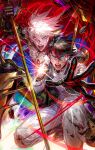  2boys absurdres black_gloves black_hair black_hands blood blue_eyes chaldea_logo chest_jewel collar colored_extremities command_spell commentary_request detached_cape earrings egawa_akira eyeshadow eyeshadow_under_eye fate/apocrypha fate/grand_order fate_(series) fujimaru_ritsuka_(male) fujimaru_ritsuka_(male)_(decisive_battle_chaldea_uniform) gloves highres injury jacket jewelry karna_(fate) karna_(fate/apocrypha) kavacha_(fate) kundala_(fate) looking_at_viewer makeup male_focus multiple_boys pale_skin short_hair spiked_collar spikes vasavi_shakti_(fate) white_hair white_jacket 