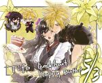  1boy 1girl apron armor birthday birthday_cake black_hair black_kimono blonde_hair blue_eyes blush cake cake_slice character_name cloud_strife commentary couple dated earrings final_fantasy final_fantasy_vii final_fantasy_vii_remake flower food frilled_apron frills full-face_blush gift hair_flower hair_ornament happy_birthday hetero highres holding holding_gift japanese_clothes jewelry kimono lily_(flower) long_hair long_sleeves looking_at_another misomiiiii official_alternate_costume open_mouth plate red_eyes red_flower ribbed_sweater short_hair shoulder_armor sleeveless sleeveless_turtleneck spiked_hair stud_earrings sweatdrop sweater tifa_lockhart tifa_lockhart_(exotic_dress) turtleneck turtleneck_sweater untranslatable_commentary upper_body white_apron yellow_flower 