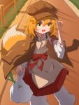  1girl :3 apron ban_ge_cha_ye_dan brown_apron fox_girl fox_tail hakama hakama_skirt highres japanese_clothes kimono making-of_available miko open_mouth ribbon_trim senko_(sewayaki_kitsune_no_senko-san) sewayaki_kitsune_no_senko-san short_hair skirt solo tail tail_raised yellow_eyes 