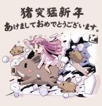  1girl :d akeome blunt_bangs blunt_ends clenched_hand commentary_request crack cracked_wall dress full_body happy_new_year long_hair long_sleeves motion_lines new_year open_mouth original outstretched_arm pig pink_hair riding shoes sidelocks sitting smile solo toromi-chan toromi_(toromix2) translation_request v-shaped_eyebrows white_dress white_shoes 