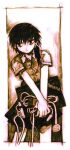  1girl bare_arms bare_legs black_border black_hair border buttons closed_mouth collared_shirt computer contrapposto cowboy_shot dress_shirt entangled exhausted facing_viewer hair_between_eyes hair_ribbon highres holding inset_border iwakura_lain laptop looking_to_the_side monochrome open_collar outside_border own_hands_together pleated_skirt ribbon roachie_(wildcardroachie) school_uniform sepia serial_experiments_lain shirt short_sleeves side_ponytail skirt solo straight-on thinkpad v_arms white_background wire 