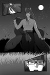  1girl absurdres andrei_kuevas_(truck_and_traveler) animal_ears cloak commission commissioner_upload drawstring field full_body full_moon gb_(doubleleaf) glasses grass highres monika_volkova_(truck_and_traveler) moon non-web_source official_art sash sky star_(sky) starry_sky surprised truck_and_traveler wolf_ears wolf_girl 