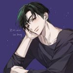  1boy alien_stage black_eyes black_shirt character_name closed_mouth commentary earrings english_text fang fang_out head_rest highres ivan_(alien_stage) jewelry k_unow looking_at_viewer male_focus purple_background red_pupils shirt signature solo thick_eyebrows three-quarter_sleeves twitter_username 
