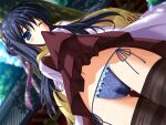  1girl against_tree black_hair black_pantyhose blue_eyes blue_panties brown_dress clothes_in_mouth clothes_lift clothes_pull clover_point coat day dress dress_lift dutch_angle floral_print from_below game_asset hair_bun hair_ribbon half_updo kashiwagi_tsukine lifting_own_clothes long_hair long_scarf navel non-web_source one_eye_closed open_clothes open_coat outdoors panties pantyhose pantyhose_pull purple_coat ribbon scarf self-datamine side-tie_panties skirt skirt_in_mouth sky thighband_pantyhose tree underwear yellow_scarf yuyi 