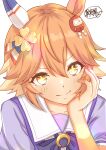  +_+ 1girl animal_ears commentary_request ear_covers highres horse_ears horse_girl kasaneri matikanefukukitaru_(umamusume) orange_hair school_uniform single_ear_cover solo summer_uniform tracen_school_uniform umamusume white_background yellow_eyes 