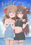 2girls aesfixcia ahoge alternate_costume animal_ear_fluff animal_ears bikini black_shorts black_tank_top blue_bikini blue_eyes blue_sky blush broken_heart brown_hair cat_ears closed_mouth commentary commission cowboy_shot day double_v english_commentary evil_neuro-sama frilled_shorts frills hair_between_eyes hair_bun hair_ornament hair_ribbon hair_rings heart heart_hair_ornament horizon huge_ahoge long_hair looking_at_viewer multiple_girls navel neuro-sama one_eye_closed open_mouth red_eyes red_ribbon ribbon shorts siblings sisters skull_hair_ornament sky standing swimsuit tank_top twins v vedal_ai virtual_youtuber 