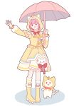  1girl ahoge animal animal_ear_hood animal_ears animal_print ankle_socks asymmetrical_legwear blunt_bangs boots bow bowtie brooch brown_eyes cat cat_ears cat_print chinese_commentary cloak clothed_animal cloud commentary_request dress ear_covers fake_ahoge frilled_sleeves frills full_body hair_ornament highres holding holding_umbrella hood hood_up hooded_cloak hooded_dress infinity_nikki jewelry kneehighs long_sleeves medium_dress mismatched_legwear mismatched_socks momo_(nikki) momo_rain_(infinity_nikki) nikki_(nikki) nikki_(series) open_mouth outstretched_arm pink_umbrella pleated_dress print_dress puffy_long_sleeves puffy_sleeves red_bow red_bowtie rubber_boots shadow shanfengzhu simple_background single_kneehigh single_sock smile socks solid_oval_eyes standing star_(symbol) star_hair_ornament striped_clothes striped_socks traditional_bowtie umbrella white_background white_cat white_socks yellow_boots yellow_cloak yellow_dress 