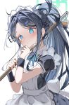  1girl absurdres apron aris_(blue_archive) aris_(maid)_(blue_archive) backlighting black_hair blue_archive blue_eyes blue_halo blue_ribbon chinese_commentary closed_mouth commentary_request flat_chest halo highres holding holding_mop kei_(orange_robot)_(blue_archive) long_hair lvbing maid maid_apron maid_headdress mop multiple_girls ponytail ribbon sidelocks simple_background solo_focus upper_body white_background wrist_cuffs 