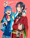  2boys arm_on_another's_shoulder black_hair blue_hair blue_shirt blush bottle closed_eyes closed_mouth commentary_request cup dramatical_murder grin happy_birthday highres holding holding_cup jacket japanese_clothes koujaku kuwa_ayase long_hair male_focus multiple_boys open_mouth pants sake_bottle scar scar_on_face seragaki_aoba shirt short_hair simple_background smile standing t-shirt teeth translation_request 