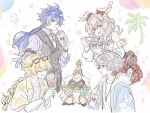  1girl 3boys aether_(genshin_impact) alternate_costume bare_shoulders baskin-robbins black_pants black_vest blonde_hair blue_hair bow bracelet braid braided_ponytail closed_mouth clothing_cutout collared_shirt colored_tips commentary_request cup disposable_cup eating eyewear_on_head flins_(baskin-robbins)_(genshin_impact) flins_(genshin_impact) food genshin_impact grey_hair hair_between_eyes hair_bow head_wings holding holding_cup holding_food holding_ice_cream holding_ice_cream_cone holding_spoon hood hooded_jacket ice_cream ice_cream_cone illuga_(genshin_impact) jacket jewelry kotooooo88 linnea_(baskin-robbins)_(genshin_impact) linnea_(genshin_impact) long_hair looking_at_another looking_at_viewer lumi_(genshin_impact) multicolored_hair multiple_boys necklace necktie official_alternate_costume open_clothes open_mouth open_shirt pants pink_eyes pink_hair pink_wings pointy_ears purple_shirt red_hair red_skirt shirt short_hair shoulder_cutout skirt smile spoon sunglasses very_long_hair vest white_background white_necktie white_shirt wings yellow_eyes 