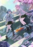  2girls absurdres animalization bag bang_dream! bang_dream!_it's_mygo!!!!! bento black_ribbon blazer breasts brown_shoes cherry_blossoms chihaya_anon chopsticks commentary_request day falling_petals feeding food giving green_necktie green_skirt green_socks grey_jacket hair_ribbon haneoka_school_uniform highres jacket long_hair medium_breasts multiple_girls necktie nutsumi47 octopus outdoors person_and_animalization petals plaid_clothes plaid_skirt ribbon sample_watermark school_uniform sharing shirt shoes sidelocks sitting skirt sky socks togawa_sakiko very_long_hair watermark white_shirt 