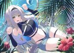  1girl animal_ears armpits bare_shoulders belt bikini bikini_bottom_only black_bikini black_hairband black_shirt blue_shorts breasts capelet cocoablue23 commentary_request crop_top detached_sleeves dog_ears dog_girl dog_tail green_eyes hairband hands_up highleg highres large_breasts long_hair looking_at_viewer midriff navel nijisanji open_fly open_mouth paw_pose shioriha_ruri shirt short_shorts shorts sleeveless sleeveless_shirt smile solo stomach swimsuit tail thigh_strap thighs virtual_youtuber white_capelet white_hair 