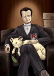  1boy absurdres animal_on_lap black_hair black_jacket black_pants blazer box breast_pocket brown_shoes cat cat_on_lap chair commentary_request crossed_legs dot_pupils evil_grin evil_smile forehead_jewel formal_clothes gem giovanni_(pokemon) grin hand_on_animal head_tilt highres jacket kuroneko_(pixiv79498996) leather_chair long_sleeves looking_at_viewer male_focus on_chair on_lap pants partial_commentary persian_(pokemon) pocket pokemon pokemon_firered_and_leafgreen red_gem sanpaku shoes short_hair sitting smile solo_focus straight-on suit team_rocket tsurime turtleneck very_short_hair whiskers widow's_peak 