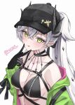  1girl absurdres baseball_cap bikini black_bikini black_hands black_hat black_ribbon body_markings breasts cleavage colored_extremities commentary_request eyelashes fate/grand_order fate_(series) green_eyes green_jacket grey_hair hair_between_eyes hat highres jacket lilith_(fate) lilith_(swimsuit_rider)_(fate) lilith_(swimsuit_rider)_(first_ascension)_(fate) long_hair looking_at_viewer multicolored_jacket nagine off_shoulder official_alternate_costume pointy_ears ponytail ribbon solo swimsuit tongue two-tone_jacket upper_body white_background zipper zipper_bikini 