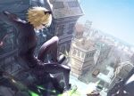  1boy adrien_agreste al_(ahr) animal_ears bell belt black_bodysuit black_gloves blonde_hair bodysuit car cat_boy cat_ears chat_noir commentary english_commentary eye_mask full_body gloves highres male_focus mask miraculous_ladybug motor_vehicle outdoors short_hair sky solo superhero_costume town 