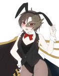  1girl absurdres alternate_costume animal_ear_hairband animal_ears black_hairband black_leotard blush bow bowtie brown_hair brown_mask brown_pantyhose commentary_request detached_collar embarrassed fake_animal_ears grey_vest hairband half_mask hand_on_own_hip highres iwanaga_ariya leotard looking_at_viewer mask mask_over_one_eye mochigumo open_mouth pantyhose playboy_bunny rabbit_ear_hairband rabbit_ears rabbit_tail red_bow red_bowtie red_eyes short_hair simple_background skeletal_wings solo strapless strapless_leotard tail touhou vest white_background white_wrist_cuffs wings wrist_cuffs 
