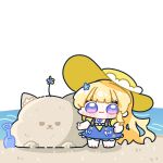  1girl :3 beach blonde_hair blue_dress blue_eyes blush_stickers chibi chibi_only commentary_request dress flower hair_flower hair_ornament hand_on_own_hip hat highres large_hat long_hair looking_at_viewer ocean phoebe_(wuthering_waves) purple_eyes sand sand_castle sand_sculpture shovel solo sun_hat syurikenmaru very_long_hair wuthering_waves yellow_hat 