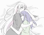  2girls bed_sheet black_hair black_shirt cho_kaguya-hime! closed_eyes commentary_request couple hug korean_commentary long_hair lying multiple_girls mutual_hug mw0919mw on_side pajamas runami_yachiyo sakayori_iroha shirt sleeping white_hair yuri 
